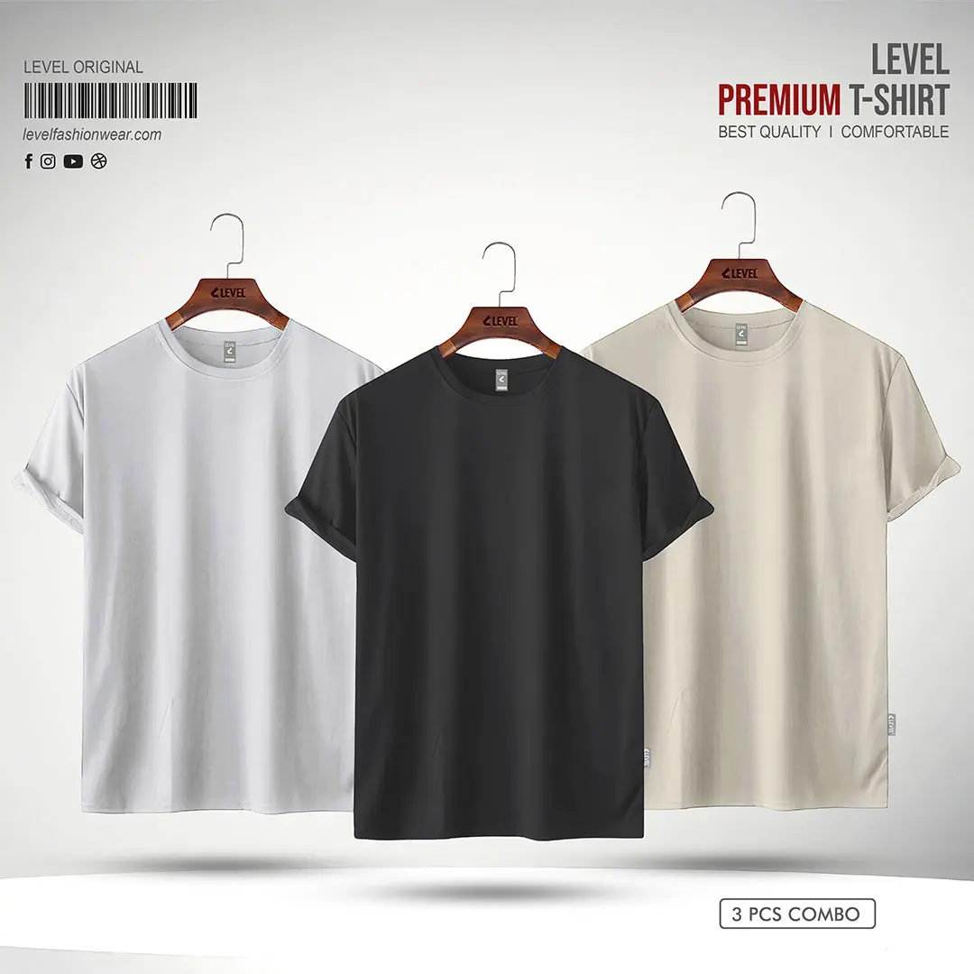 Mens Premium Solid Round Neck T-shirt Combo, Black, White, Off White