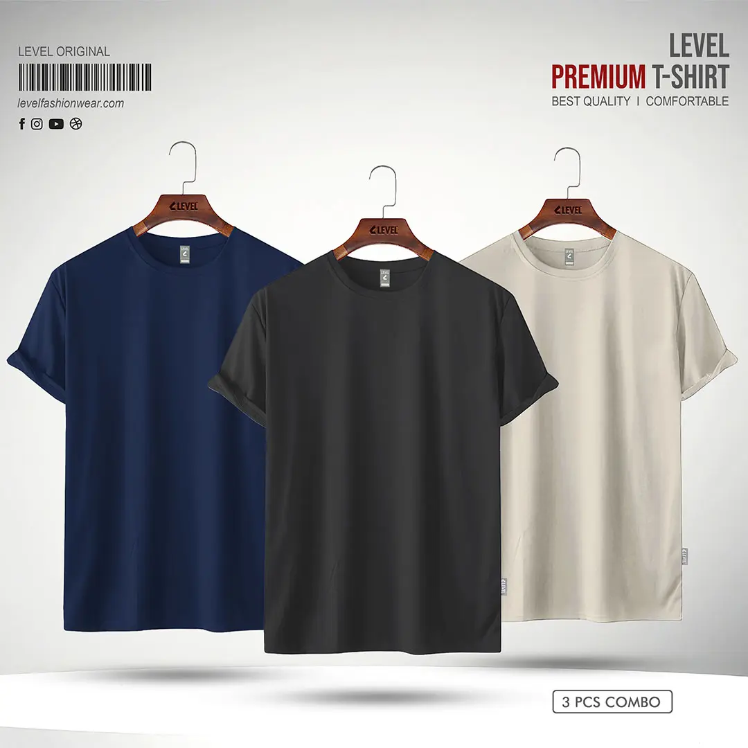 Mens Premium Solid Round Neck T-shirt Combo, Black, Navy, Off White