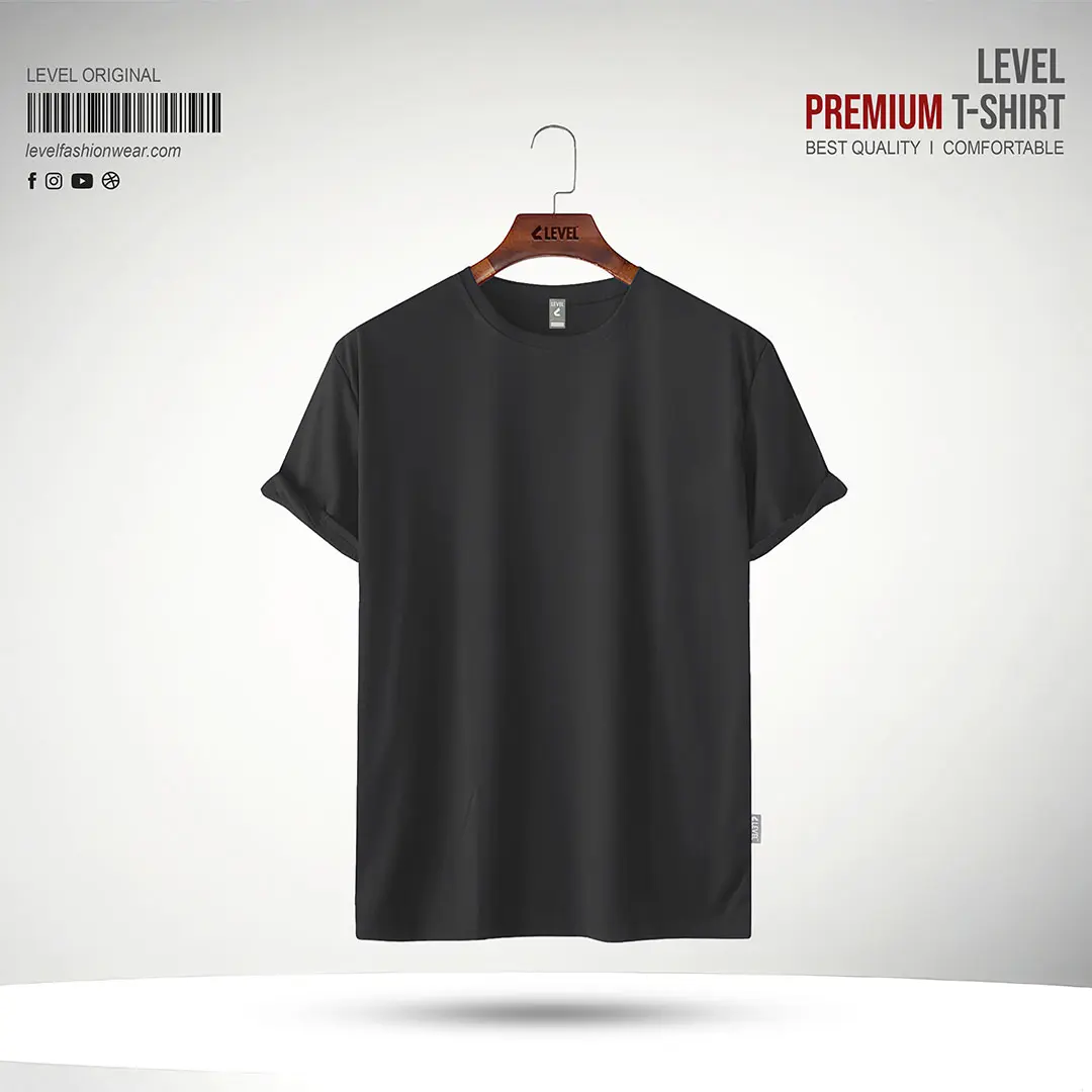 Mens Premium Solid Black Round Neck T-shirt - Black