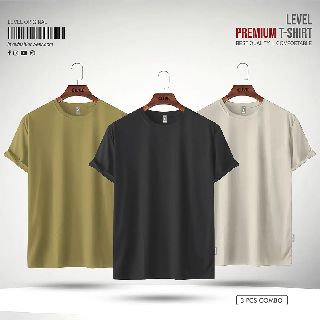 Mens Premium Solid Round Neck T-shirt Combo, Beige, Black, OFf White